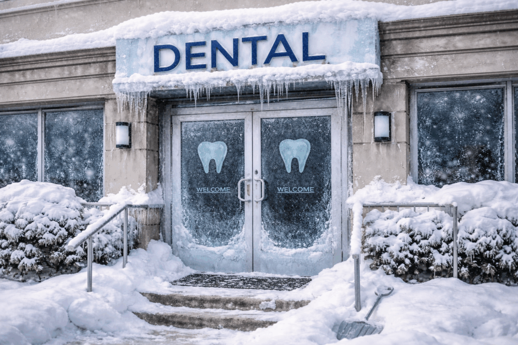 AI generated image of the entrance to a dental practice covered in snow and ice